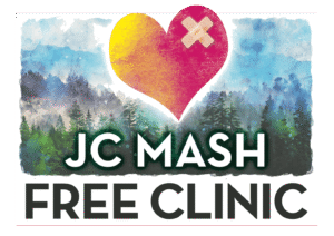 a heart with a bandaid, floating above a misty PNW forest scene